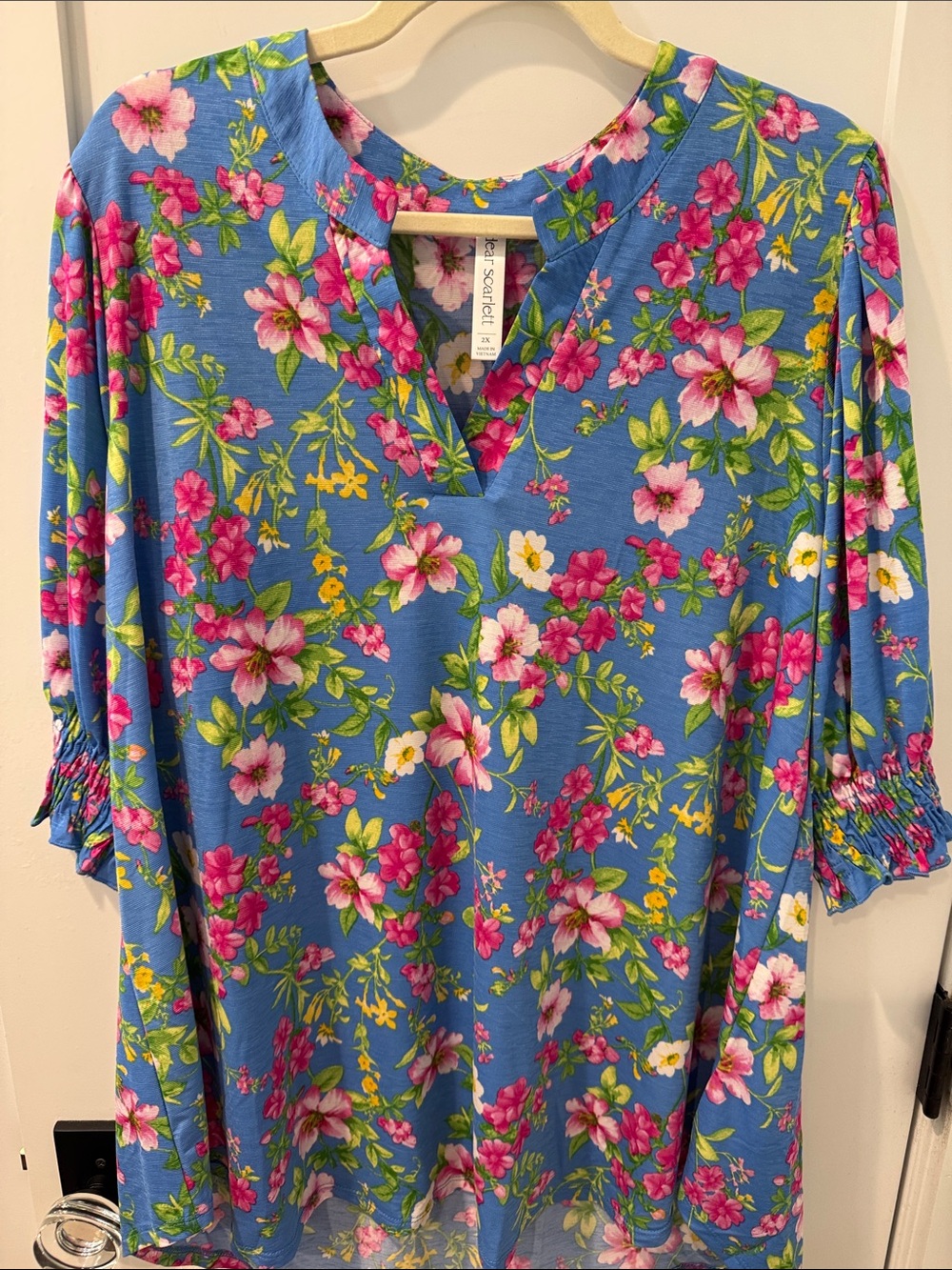 Blue Floral Split-Neck Blouse with Pink Blossoms